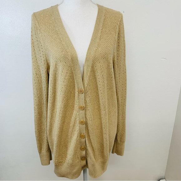 Lane Bryant Cardigan Sz 14/16 Beige Gold Metallic Loose Knit Long Sleeve Office - Picture 1 of 10
